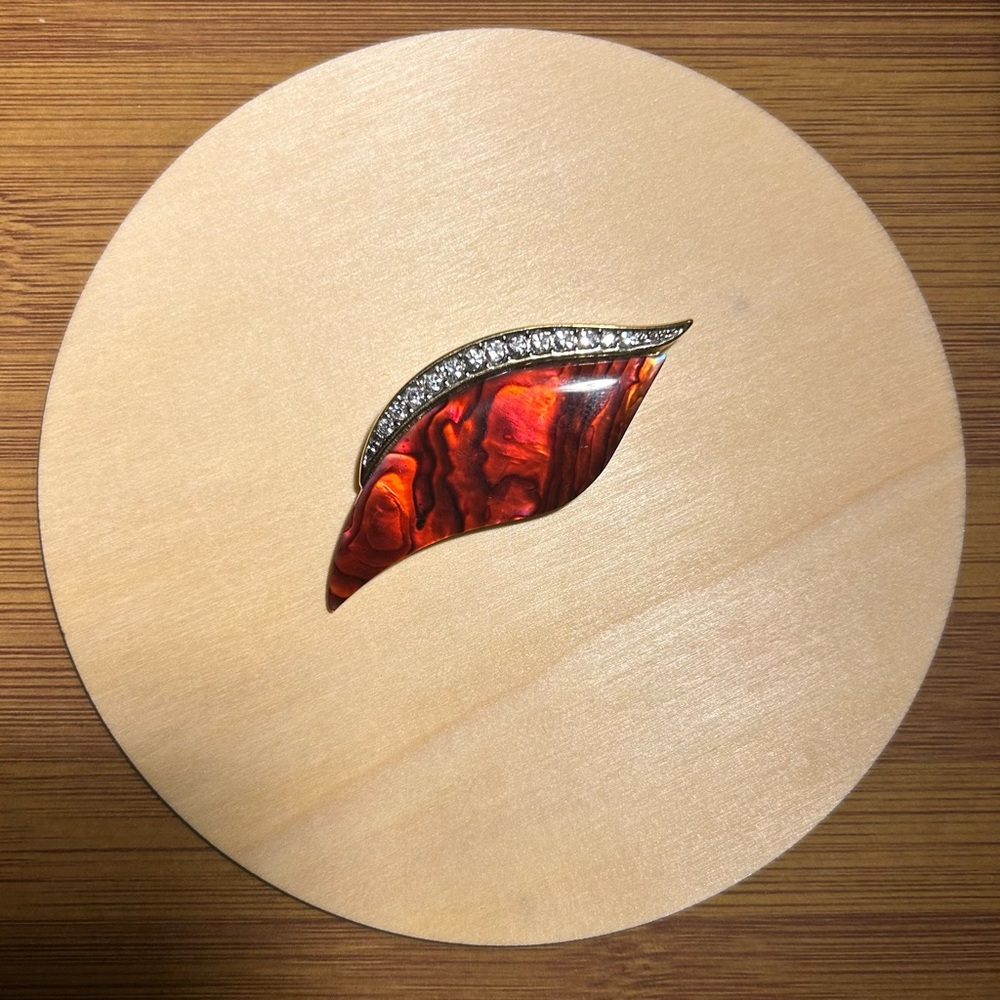 Abalone (red dyed) and crystal gold tone brooch by Butler (signed)